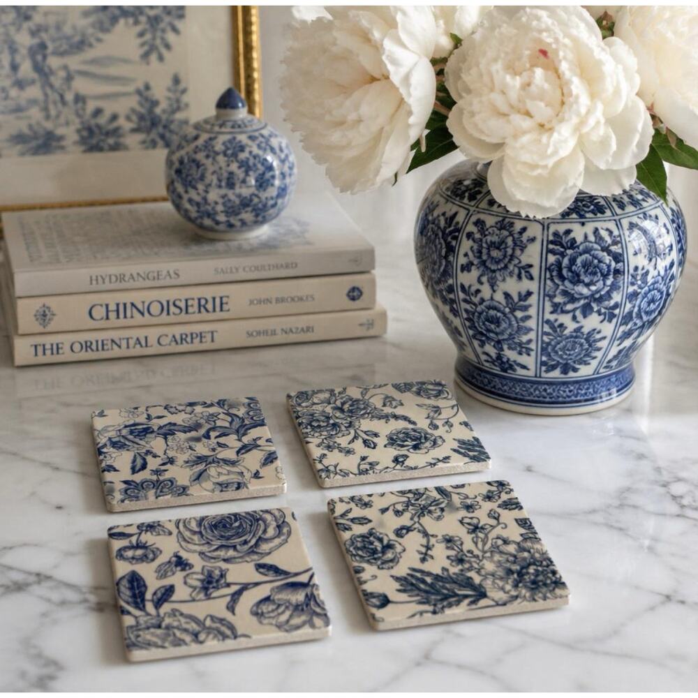 Chinoiserie Floral Ceramic Coasters Set of 4 | Vintage Tile Coasters - Picture 2 of 5